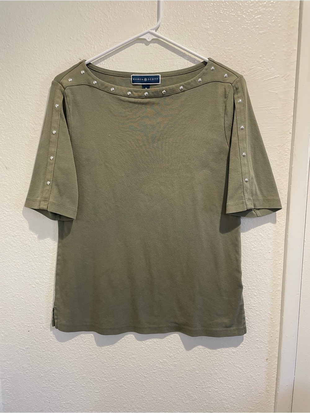 Karen Scott Olive Stud-Trim Elbow Sleeve Knit Top M